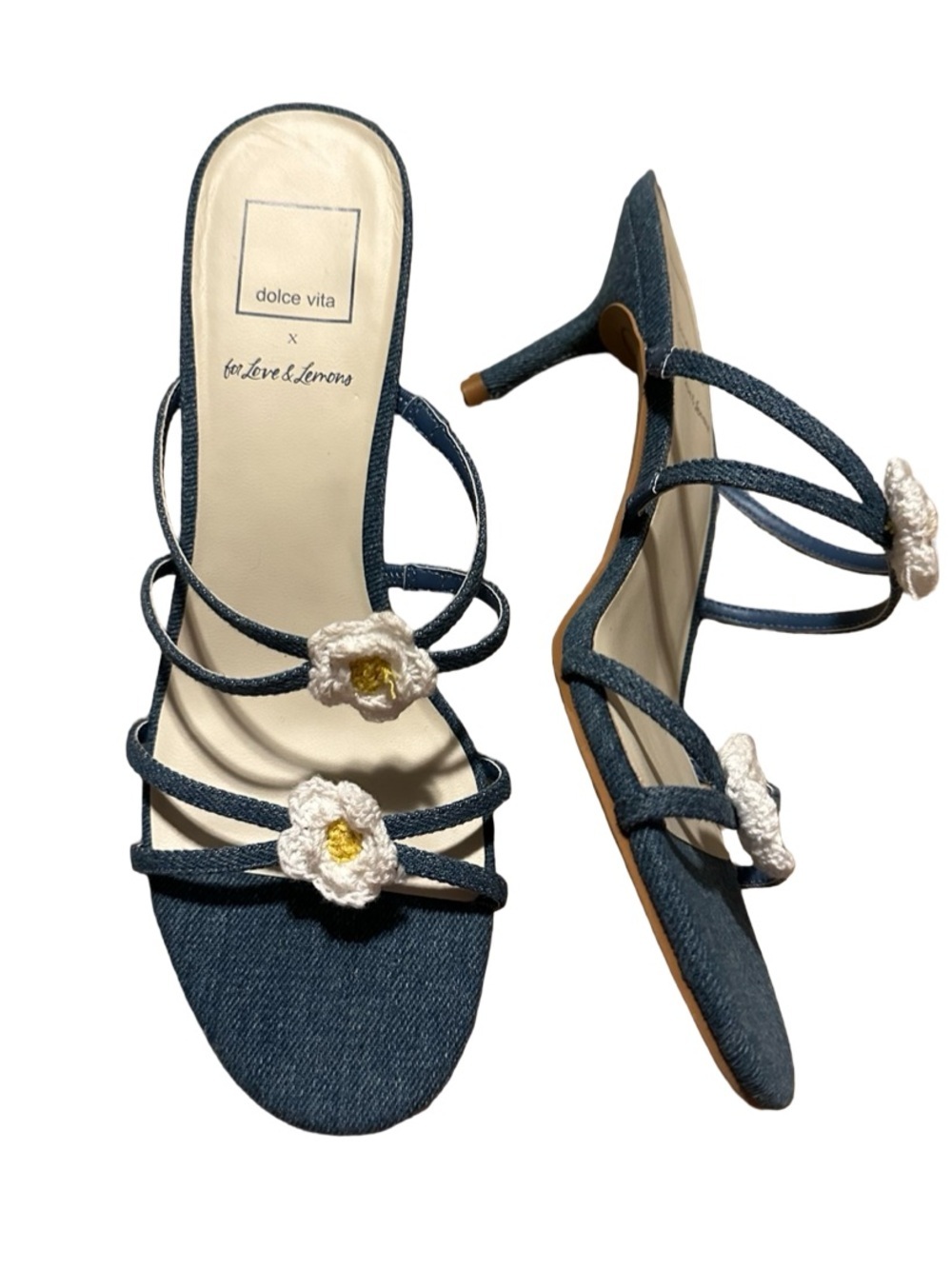 Dolce Vita x For Love & Lemons Pia Denim Daisy Crochet Flower Kitten Heels US 8.